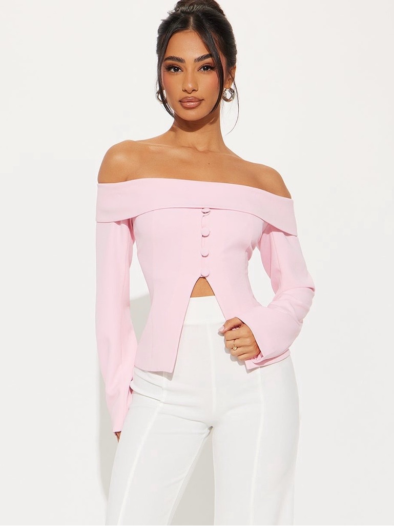 Off-Shoulder Pink Button Front Top